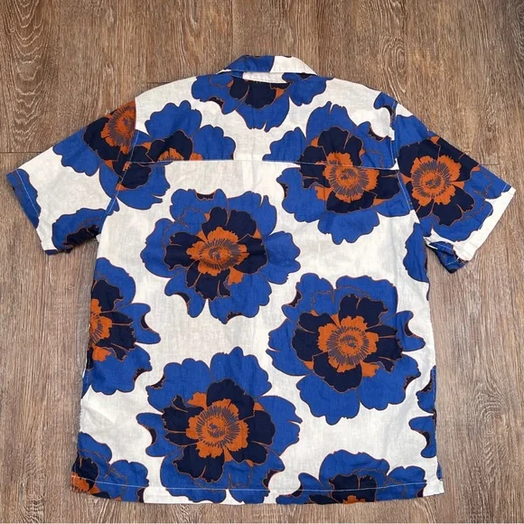 GAP Linen Cotton Floral Camp Collar Button Down Shirt Blue Orange | Size: L - Picture 4 of 7